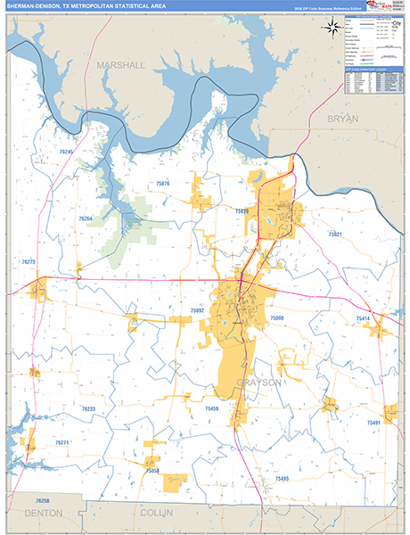 Sherman-Denison Metro Area Zip Code Wall Map